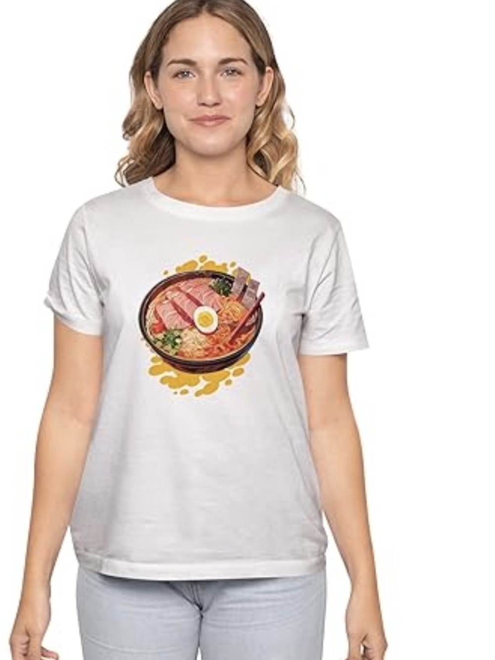 Gildan white graphic t-shirt featuring a stylized illustration of a ramen bowl